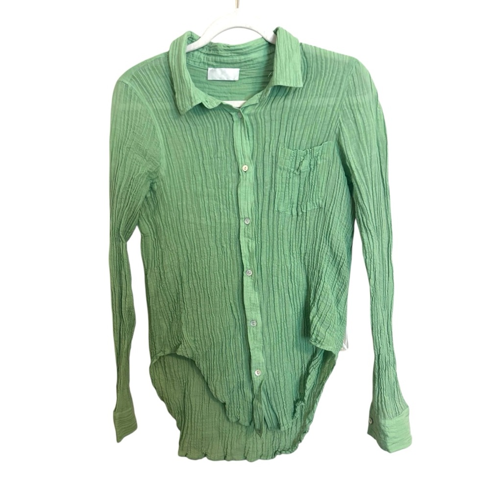 MONDAY Green Gauze Linen Long‎ Sleeve Button Up Top Small